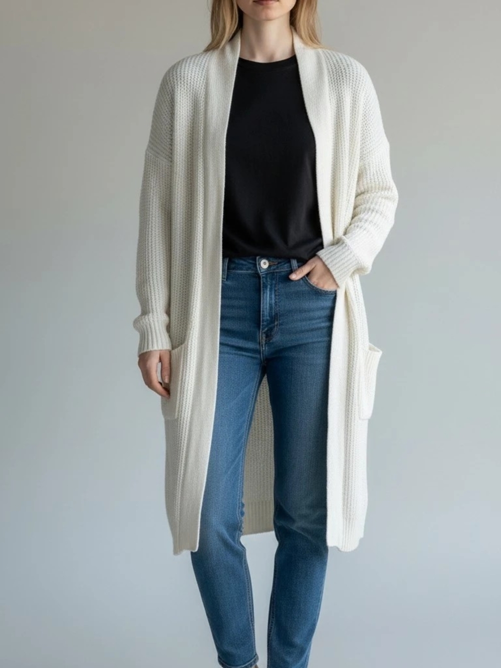 Open-Front White Knit Long Cardigan Sweater